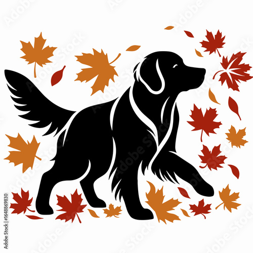 Golden Retriever Dog Playing with autumn leaves. Cartoon Animal Clipart Silhouette Vector Illustration Line Art Illustration. Cheerful pup having fun amid fall foliage amber color plant.