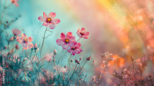A Polaroid photo of flowers in a field, with a rainbow in the background,