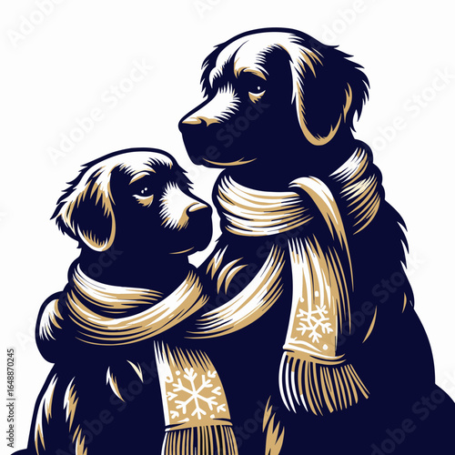 Golden Retriever Dog Sharing a big scarf in winter. Cartoon Animal Clipart Silhouette Vector Illustration Line Art Illustration. Canine friend hugging huge neckwear during frost cold.