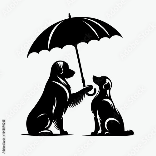 Golden Retriever Dog Sharing an umbrella. Cartoon Animal Clipart Silhouette Vector Illustration Line Art Illustration. Canine pal under rain shield a enjoys weather protection.