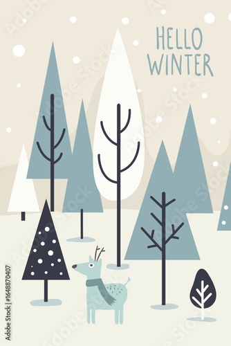 Cute deer wearing a scarf standing in a stylized snowy forest with trees and falling snow. Hello Winter text vector illustration for greeting card, banner, poster design.