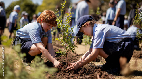 School Children Planting Trees for Environmental Conservation. Ai gen.
