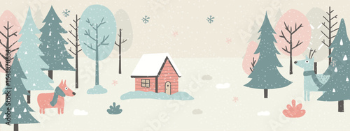 Winter landscape with house and deer in forest. Christmas holiday season.