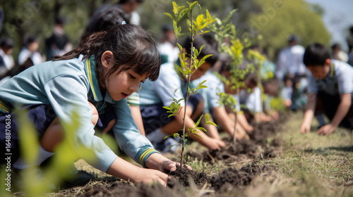 School Children Planting Trees for Environmental Conservation. Ai gen.
