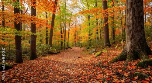 Autumnal forest path.  Colorful foliage blankets a trail through a dense wood