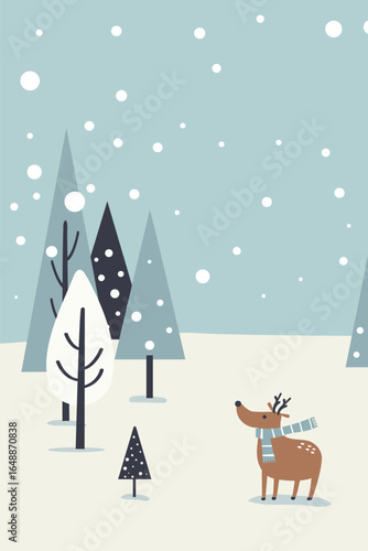 Winter landscape with house and deer in forest. Christmas holiday season.