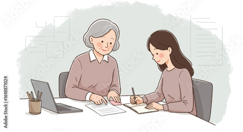 Two women one older with gray hair and one younger with brown hair sit at a desk