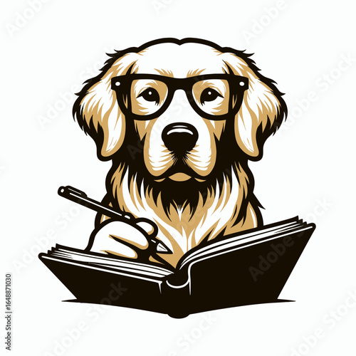 Golden Retriever Dog wear glasses writing notebook. Cartoon Animal Clipart Silhouette Vector Illustration Line Art Illustration. Canine in spectacles jotting memo on paper gold coat breed.