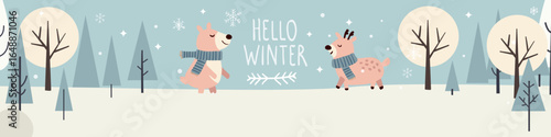 Winter forest landscape with animals, home, text Hello Winter . Christmas holiday, Merry Christmas illustration.