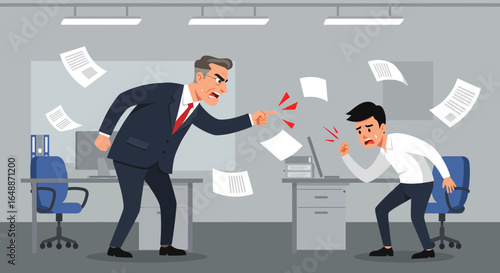 Angry boss yelling at employee in an office papers flying