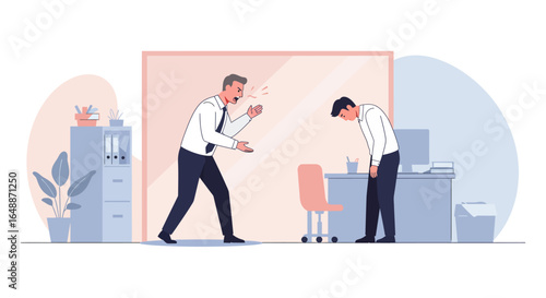 Office dispute Boss yells at subordinate who bows head in shame