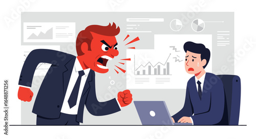 An angry man in a suit yelling at a scared man working on a laptop