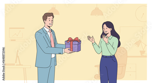 Man gives a woman a gift in an office setting