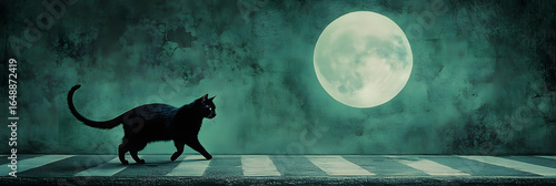 black cat crossing an empty street under a full moon - wide banner - green background
