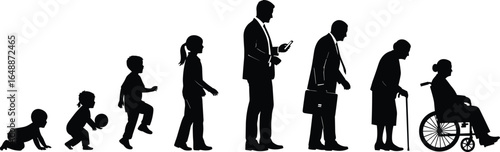 Human life stages silhouette illustration, baby to elderly, aging process concept, growth and development, generational transition, people evolution vector design