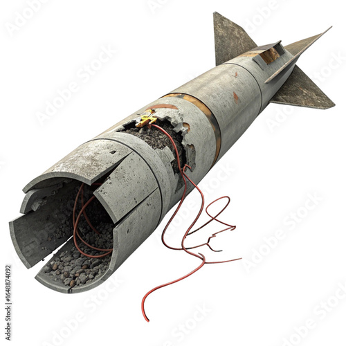 Damaged missile with exposed wires and debris, symbolizing danger and destruction