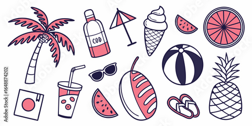 Set of hand drawn summer beach icons with tropical fruits drinks palm trees accessories and vacation elements in bold line style for stickers print.vector 