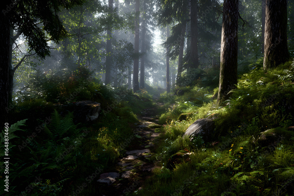 Obraz premium Exploring Nature: A Walk Through a Dense Forest Path Surrounded by Lush Greenery and Thriving Wildlife