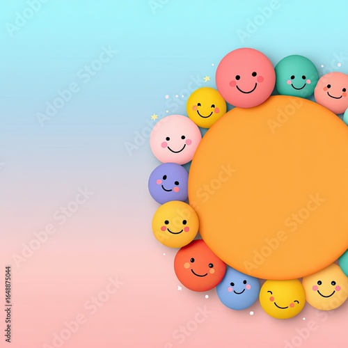 World Kindness Day Colorful happy faces surrounding a blank orange circle on a pastel background.