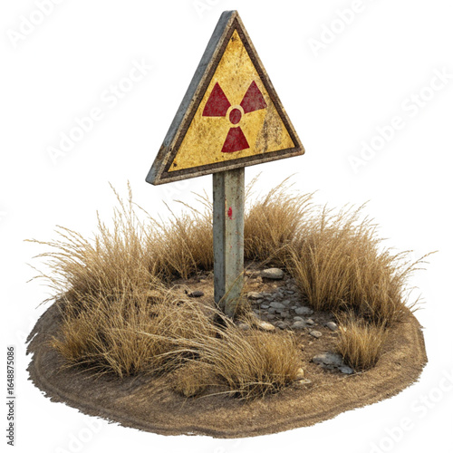 Hazardous radiation warning sign in dry, overgrown terrain symbolizing danger and environmental risk