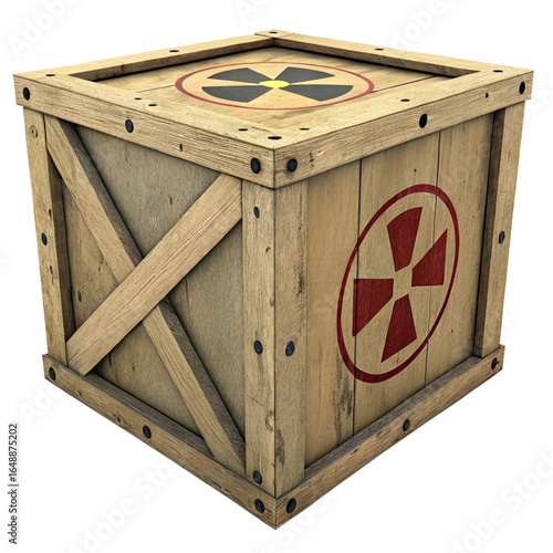 Secure wooden crate with hazard symbols, ready for transport or storage