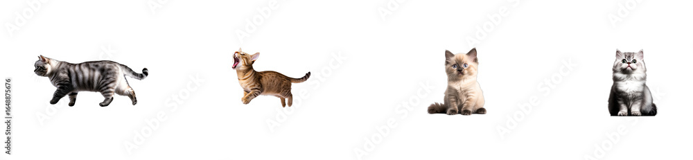 Obraz premium Collection of four domestic cats and kittens with diverse poses on a black background, cut out transparent