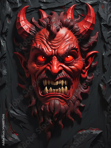 Halloween themed illustration of a bas-relief of a satan face on a black wall.