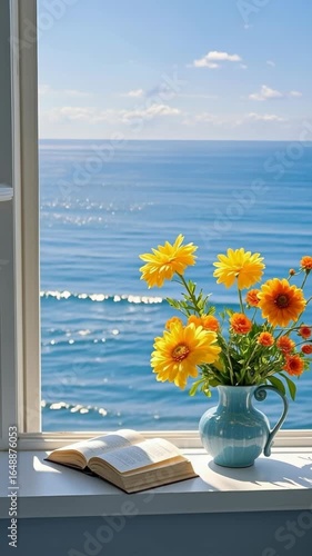 A bouquet of pink and yellow gerbera daisies blossoms in a vase on a windowsill