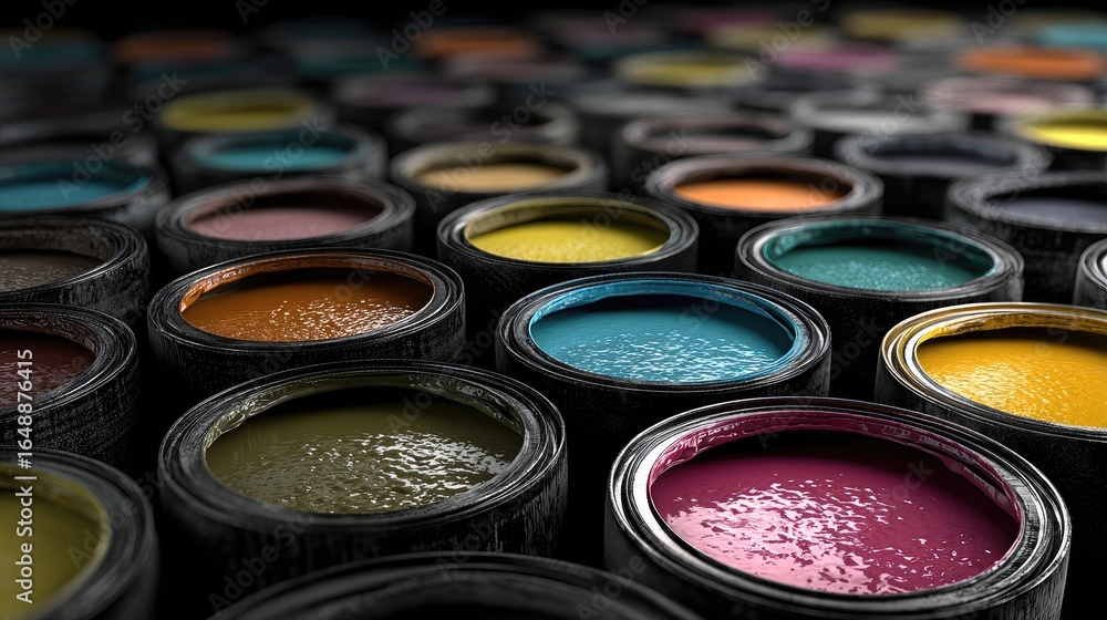Naklejka premium Close-up of many paint cans, various colors