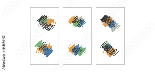 Abstract Art A Trio of Dynamic Brushstrokes in Green, Orange, Blue, and Gray Hues