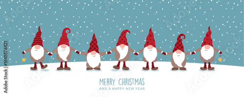 cute dwarf holding hands on snowy winter background christmas greeting card vector illustration