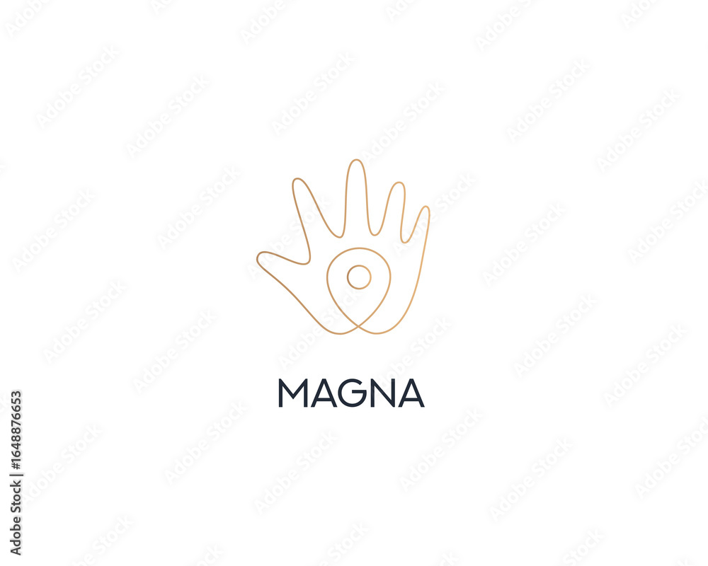 Fototapeta premium Continuous gradient line art of hand palm and pin icon logo design template. Premium destination, gps, navigation sign symbol mark logotype.