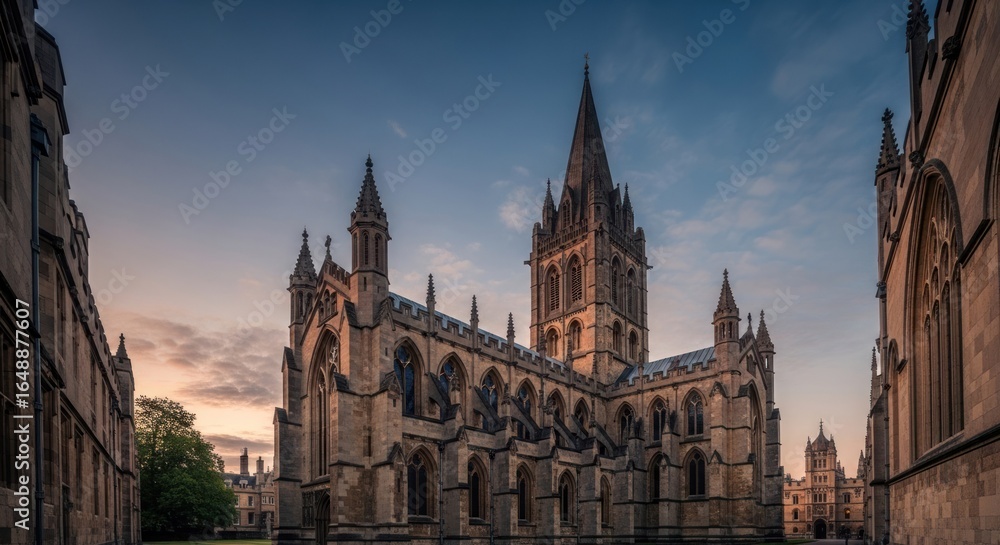 Fototapeta premium Exterior of a historic church at dawn, stone facade, ornamental details, spires, Gothic architecture