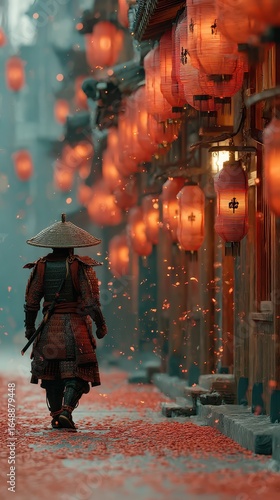 Wallpaper Mural Traditional warrior walks through ancient street adorned with glowing lanterns during autumn evening Torontodigital.ca