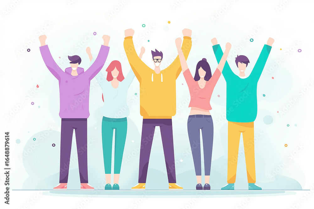Obraz premium Flat illustration of businessmen celebrating teamwork success with applause and joyful banzai