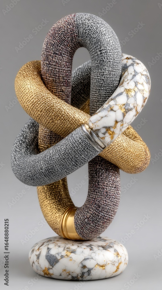 Obraz premium Intertwined, textured loops in grey, gold, and pink, sit atop a marble base