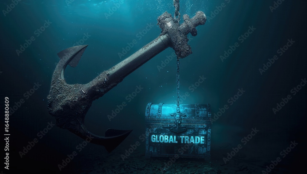 Obraz premium Underwater scene featuring a large, rusted anchor beside a vintage treasure chest, illuminated with bluish light. Mystical and serene atmosphere