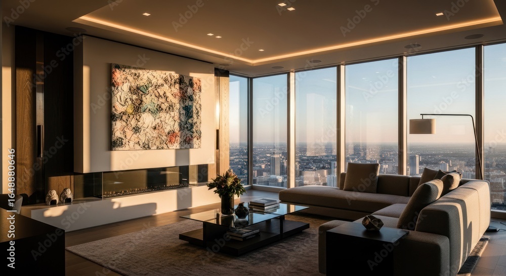 Obraz premium High-rise living room, panoramic city view