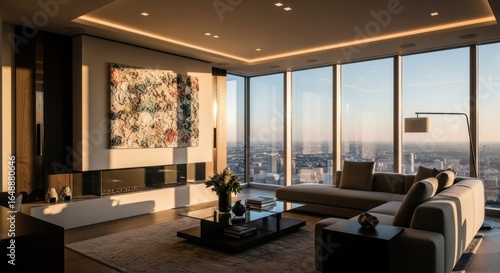Fototapeta Naklejka Na Ścianę i Meble -  High-rise living room, panoramic city view