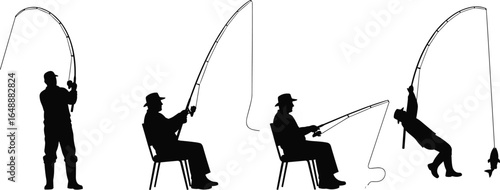 Silhouette of fisherman catching fish, fishing rod action sequence, angler sitting and standing, outdoor hobby, sport fishing, recreational activity, black illustration