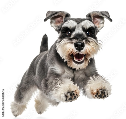 Joyful schnauzer leaps playfully against a plain background, showcasing its happy expression and energetic movement.
