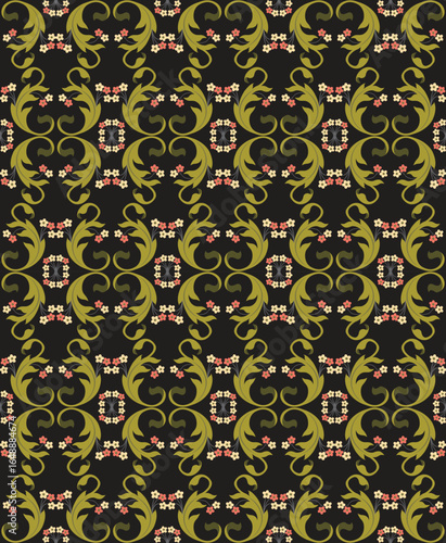 Traditional flowers ornament seamless pattern design. Black backround vector patterns.