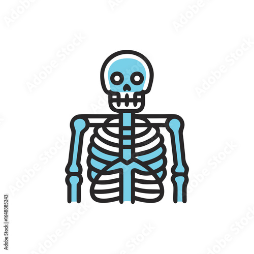 Skeleton illustration in blue outline on white background representing Healthcare  