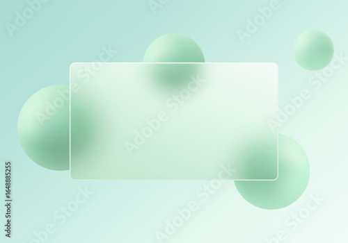 Light abstract glassmorphism background with green spheres