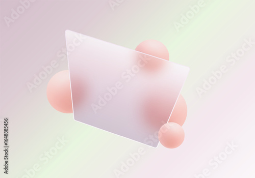 Soft pastel glass panel with floating pink spheres