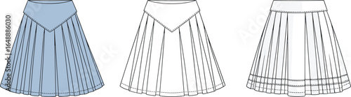 Cad drawing flat vector illustration of pleated skirts with yoke and waistband, technical fashion sketch for garment design templateCad drawing flat vector 