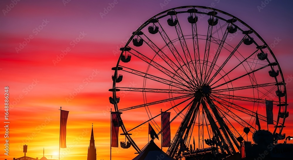 Silhouette of ferris wheel against a vibrant sunset sky evokes adventure and fun