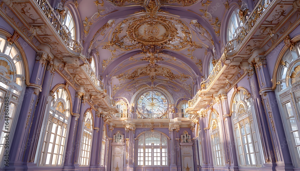 Obraz premium Retro train station with celestial motifs and gold leaf walls under pale lavender sky