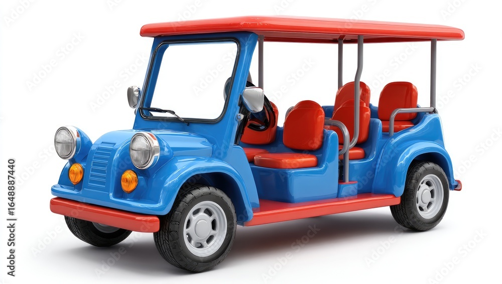 Fototapeta premium Retro-style, blue and red golf cart. Cartoonish, toy-like vehicle with open top