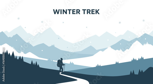 A captivating winter trek illustration showcases a lone hiker against majestic mountain backdrop